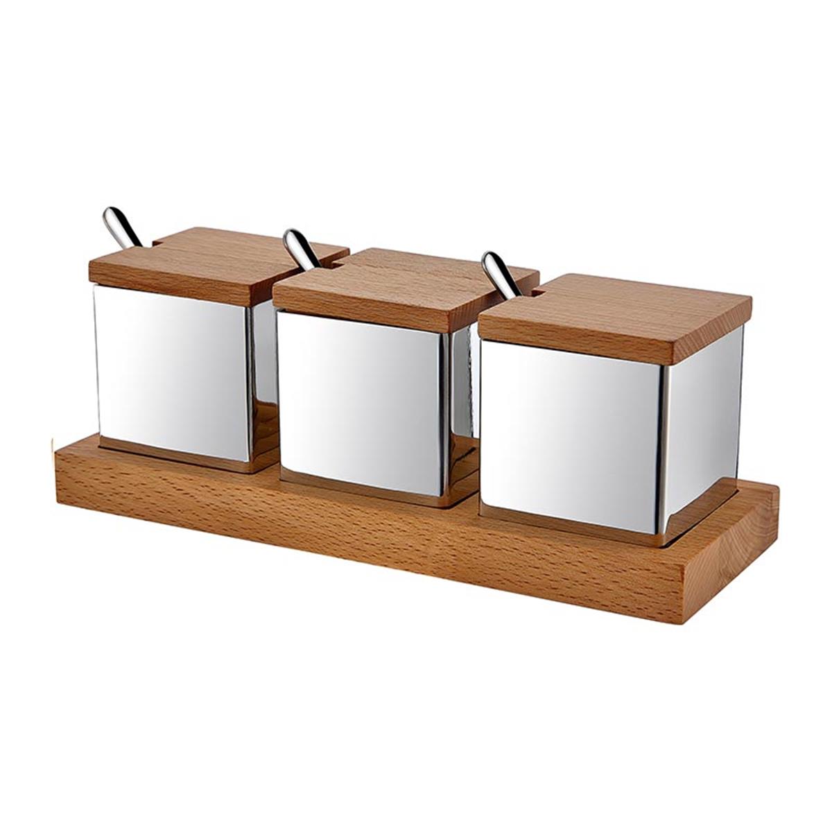 Biradlı Grv-56 Ahşap Standlı Kare 3 Lü Baharatlık Takımı Mat-ParlakBiradlıBR.GRV-56