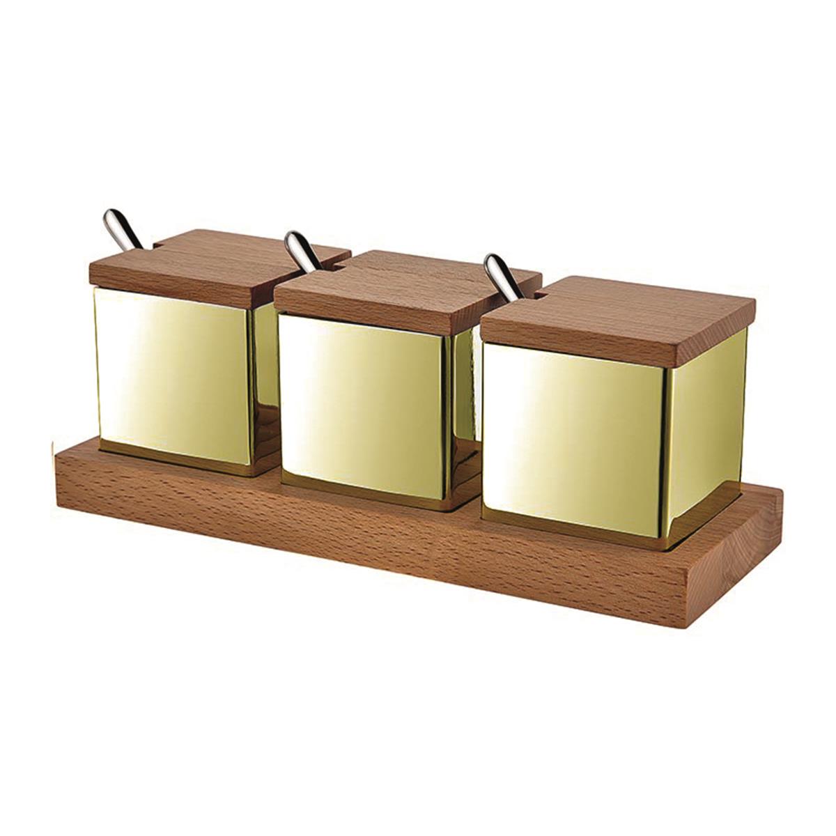 Biradlı Grv-56-Altın Ahşap Standlı Kare 3 Lü Baharatlık Takımı AltınBiradlıBR.GRV-56-ALTIN