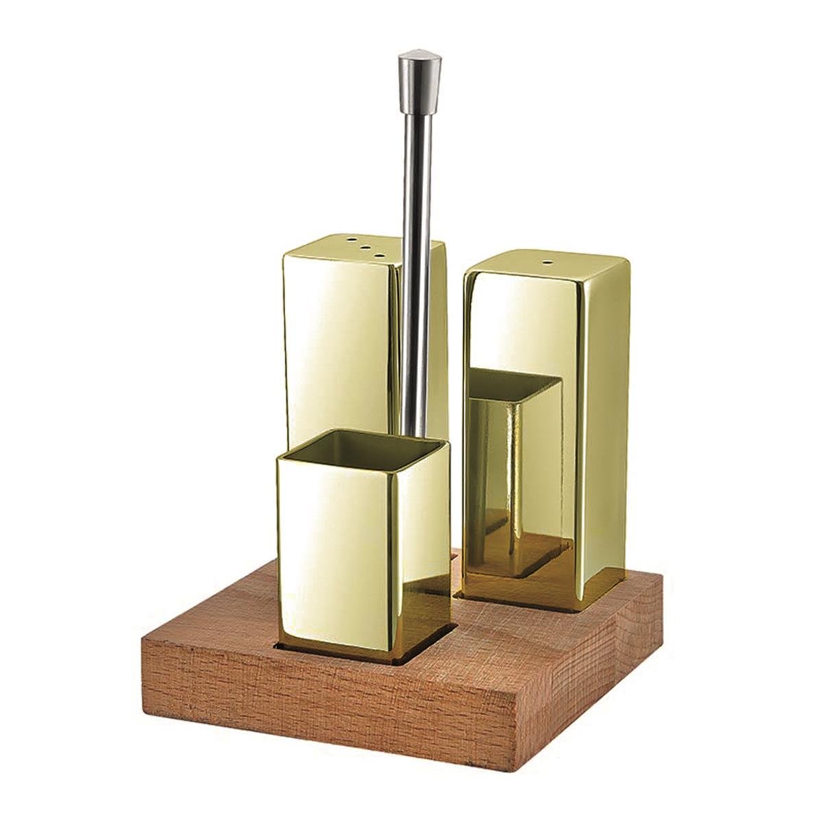 Biradlı Grv-33-Altın Ahşap Standlı Kare 3 Lü Tuzluk Takımı Altın