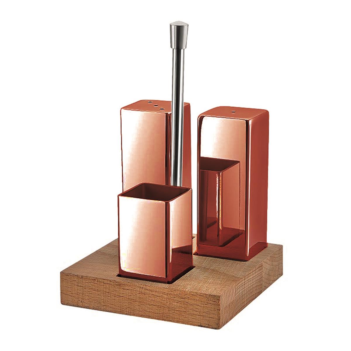 Biradlı Grv-33-Bakır Ahşap Standlı Kare 3 Lü Tuzluk Takımı Bakır