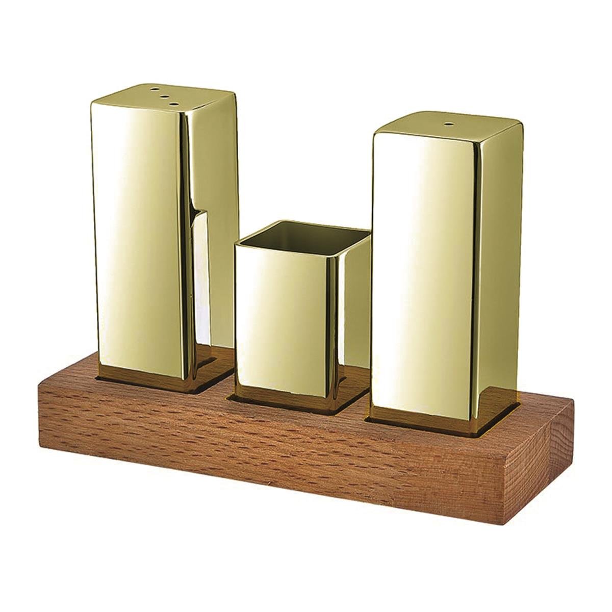 Biradlı Grv-35-Altın Ahşap Dikdörtgen Standlı Kare 3 Lü Tuzluk Takımı Altın