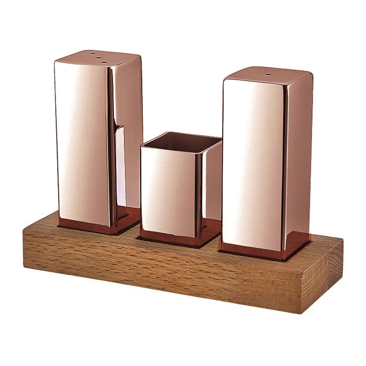 Biradlı Grv-35-Bakır Ahşap Dikdörtgen Standlı Kare 3 Lü Tuzluk Takımı Bakır