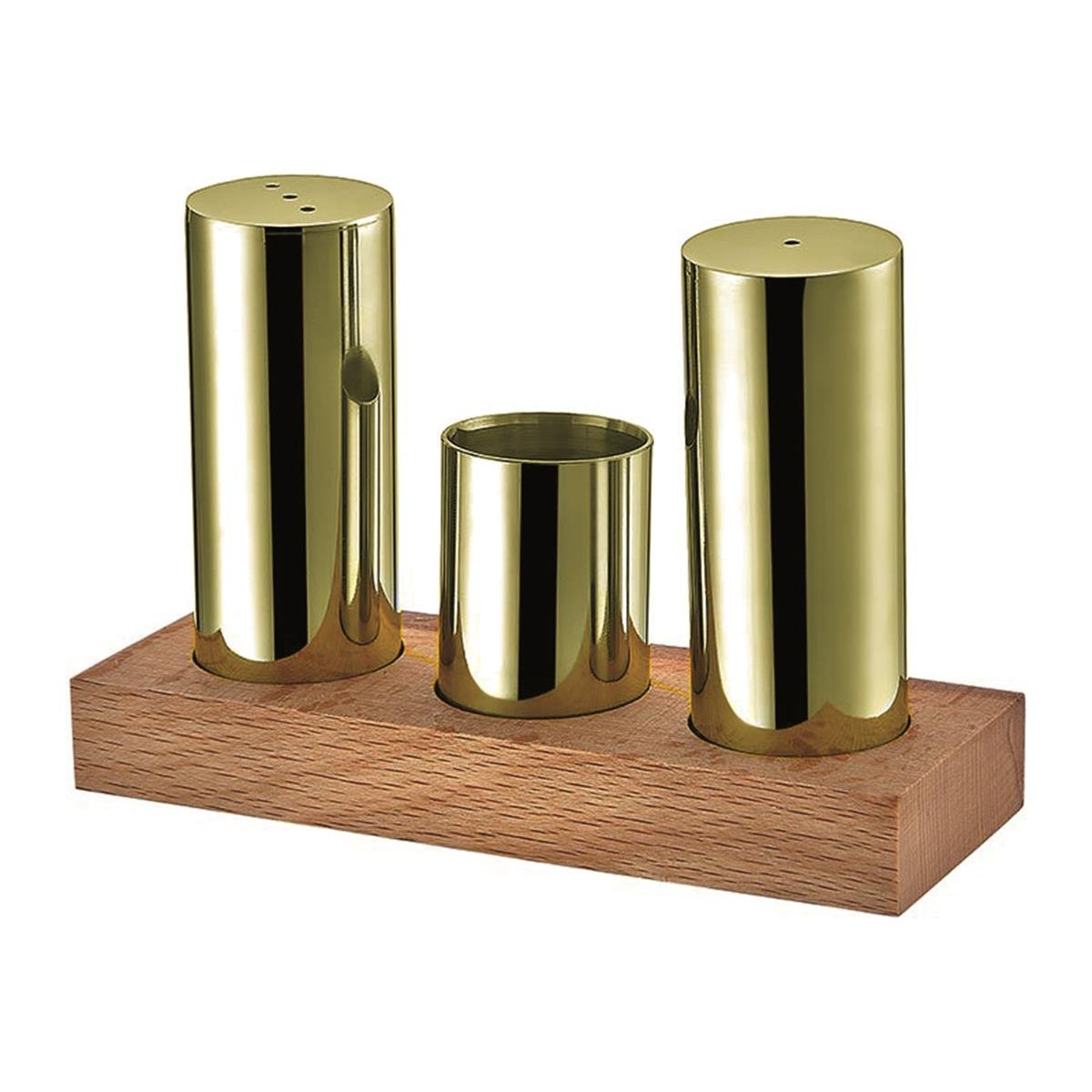 Biradlı Grv-37-Altın Ahşap Dikdörtgen Standlı Yuvarlak 3 Lü Tuzluk Takımı Altın