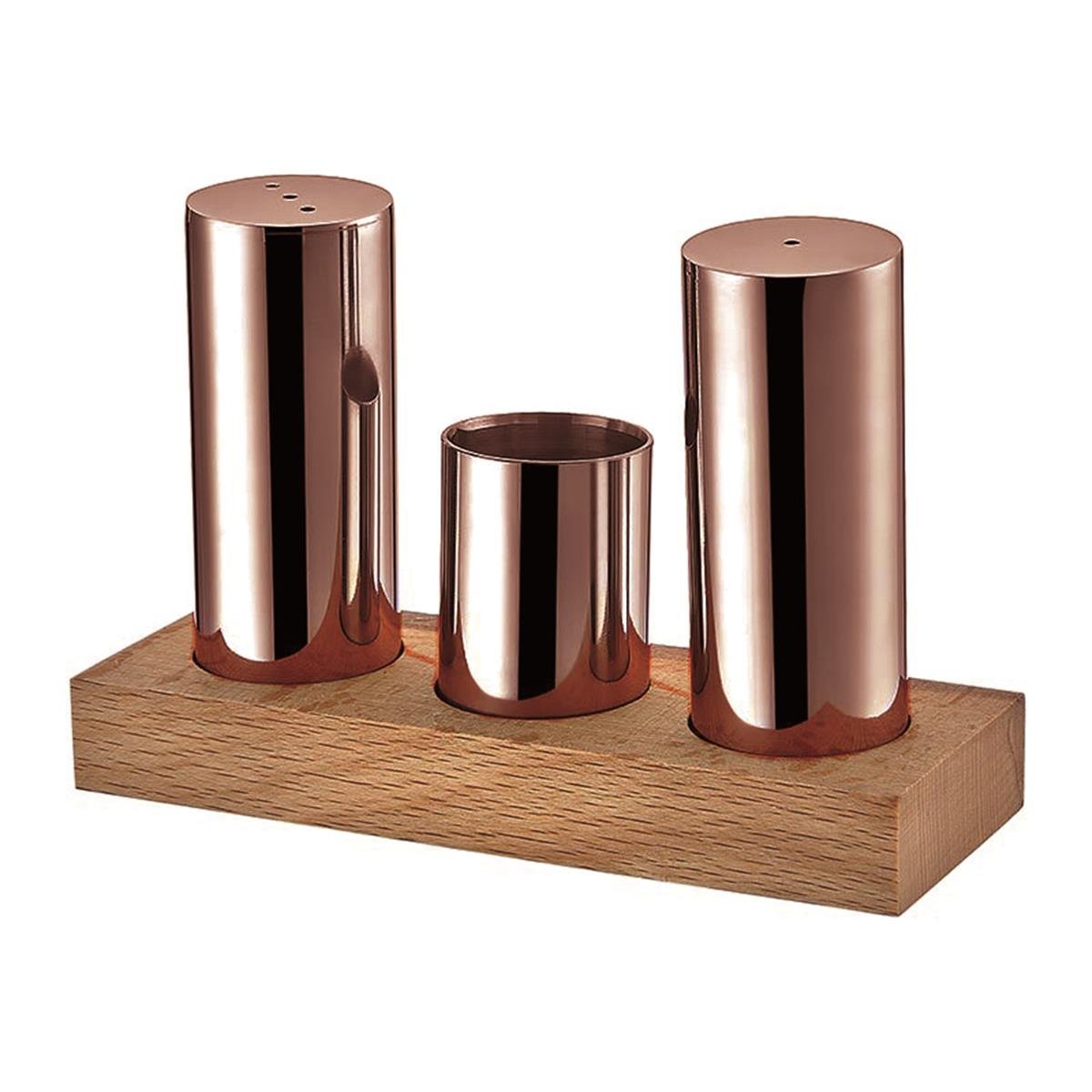 Biradlı Grv-37-Bakır Ahşap Dikdörtgen Standlı Yuvarlak 3 Lü Tuzluk Takımı Bakır 