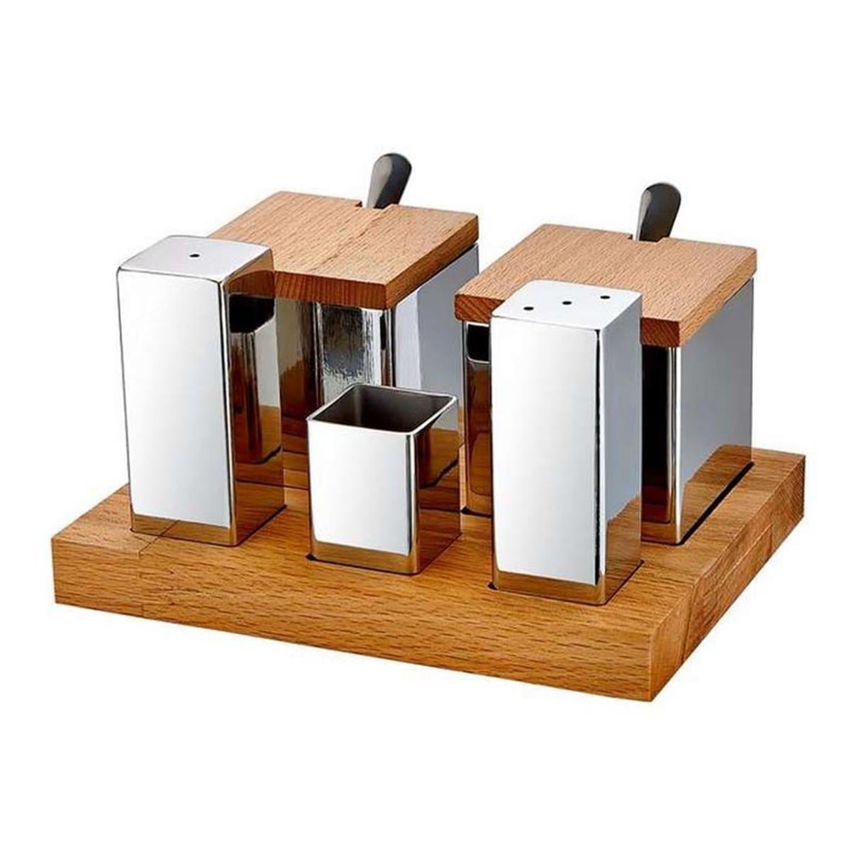 Biradlı Grv-48 Ahşap Standlı Kare 5 Li Tuzluk+Baharatlık Takımı Parlak-MatBiradlıBR.GRV-48
