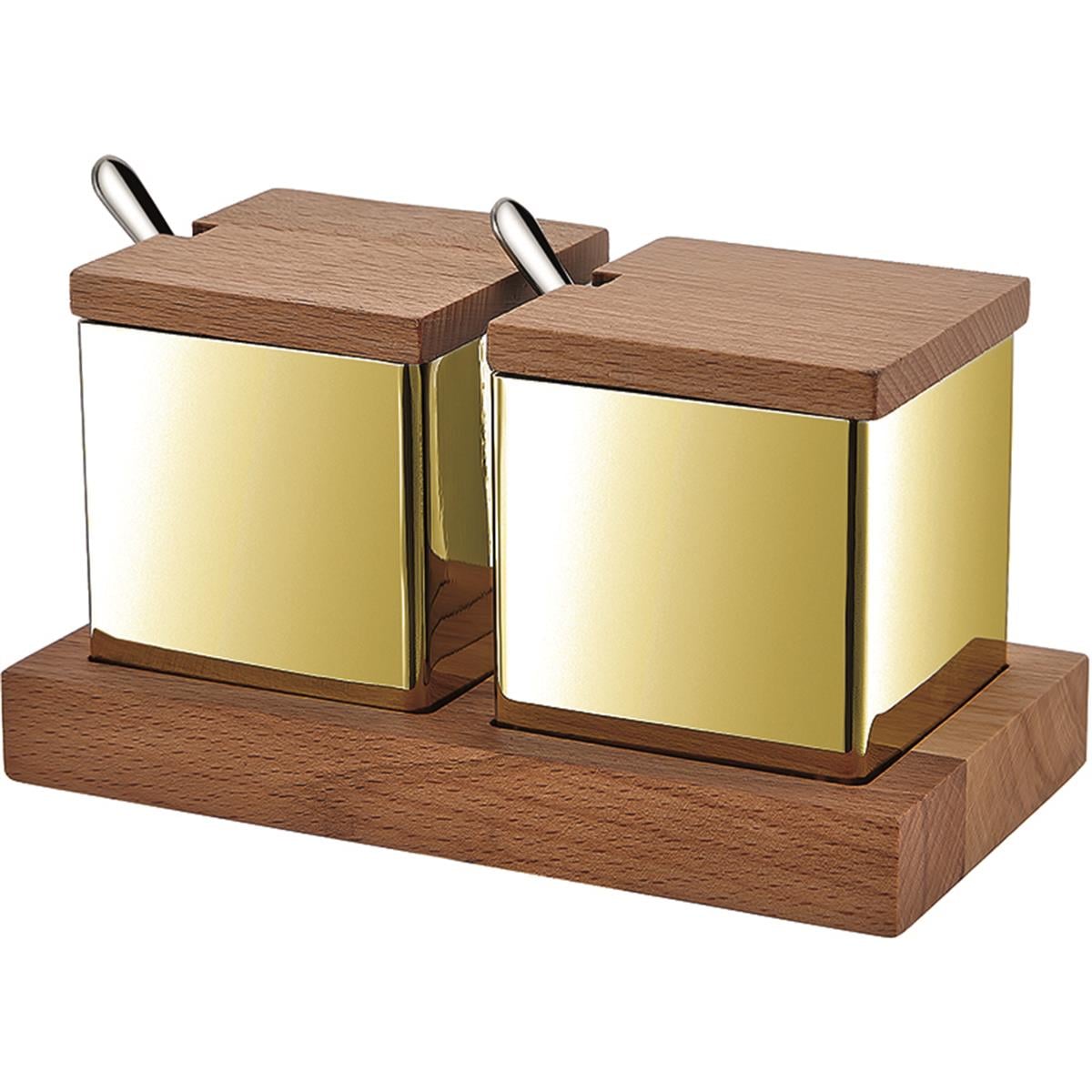 Biradlı Grv-55-Altın Ahşap Standlı Kare 2 Li Baharatlık Takımı AltınBiradlıBR.GRV-55-ALTIN