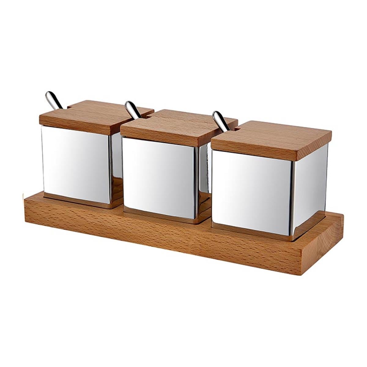 Biradlı Grv-56 Ahşap Standlı Kare 3 Lü Baharatlık Takımı Mat-ParlakBiradlıBR.GRV-56