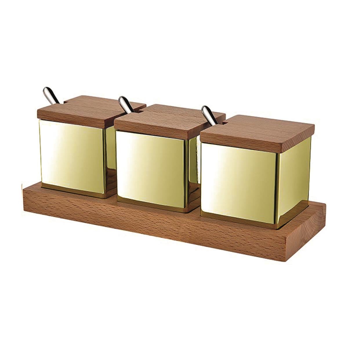Biradlı Grv-56-Altın Ahşap Standlı Kare 3 Lü Baharatlık Takımı AltınBiradlıBR.GRV-56-ALTIN