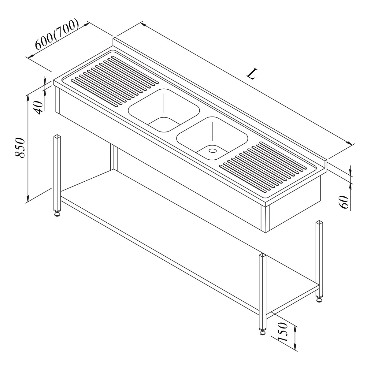 Öztiryakiler Evyeli Tezgah 2G/2D 3 Perdeli Taban Raflı  Demonte 160*60