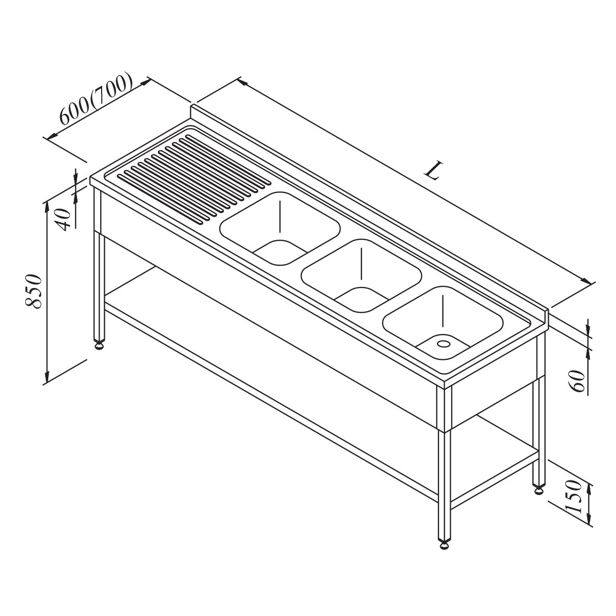 Öztiryakiler Evyeli Tezgah 3G/1D Sol 3 Perdeli Taban Raflı 240*60