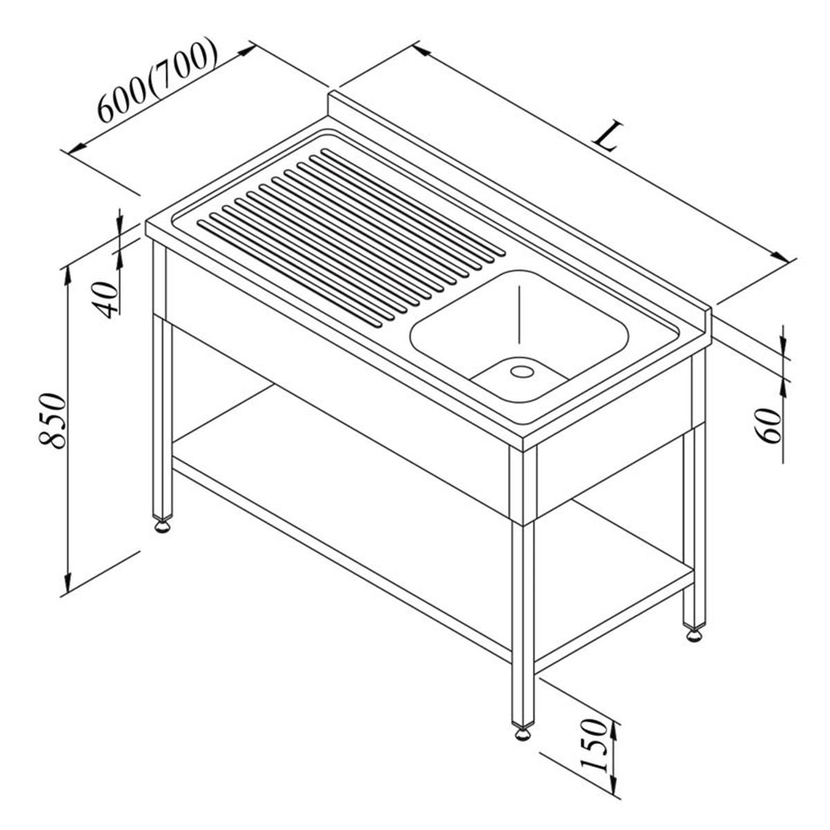 Öztiryakiler Evyeli Tezgahlar 1G/1D Sağ 3 Perdeli Taban Raflı  Demonte 140*70Öztiryakiler 7754.147C8.15