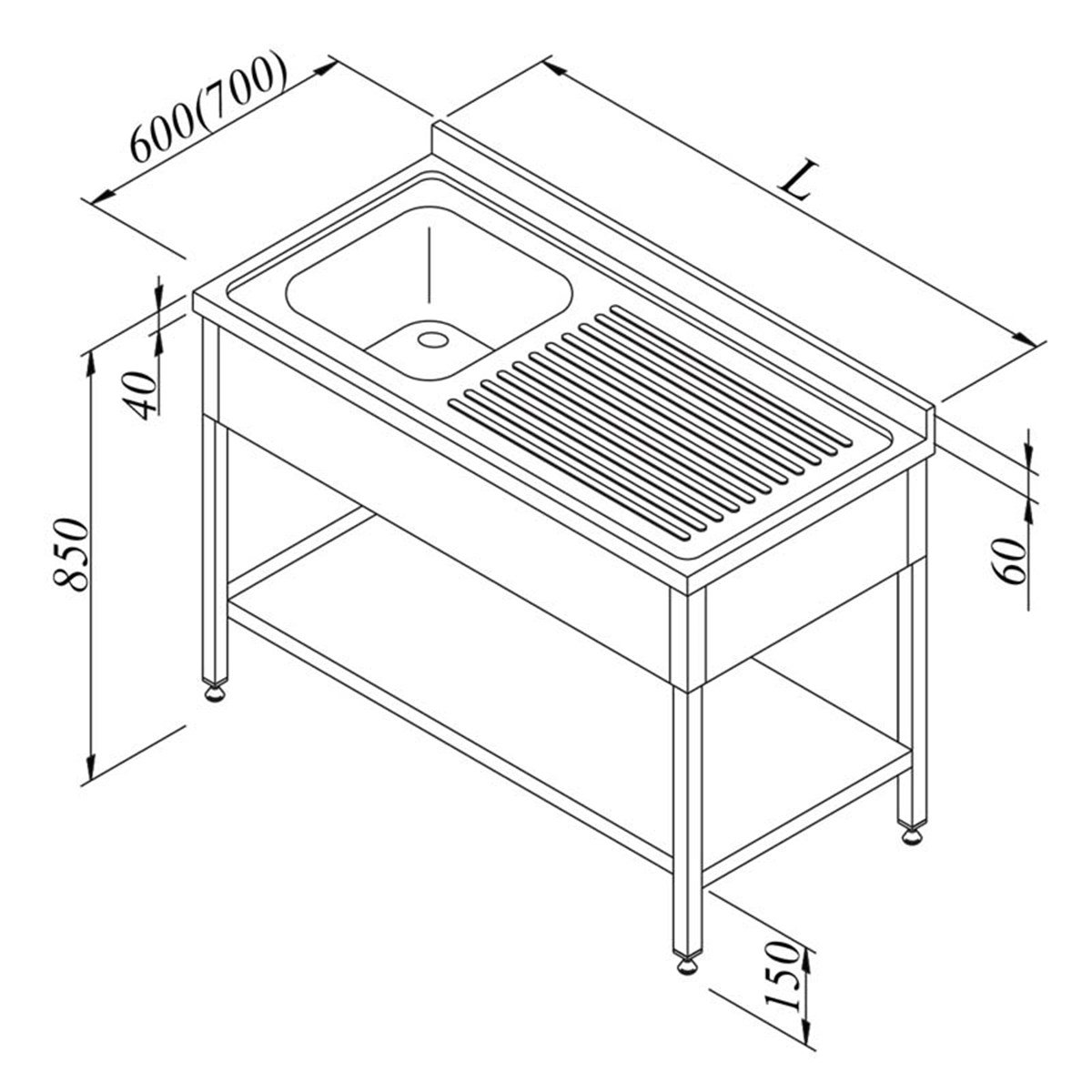 Öztiryakiler Evyeli Tezgahlar 1G/1D Sağ 3 Perdeli Taban Raflı 100*60