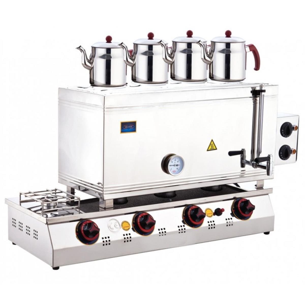 SilverInox 2067-D 85 Model 4 Demlikli Çift Taban Kaynaklı Doğalgazlı CE Belgeli Çay Ocağı