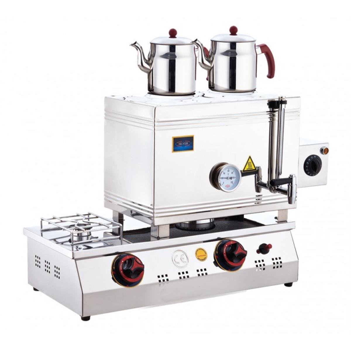 SilverInox 2100-D 40 Model 2 Demlikli Çift Taban Kaynaklı Elektrikli Ve Doğalgazlı Çay Ocağı