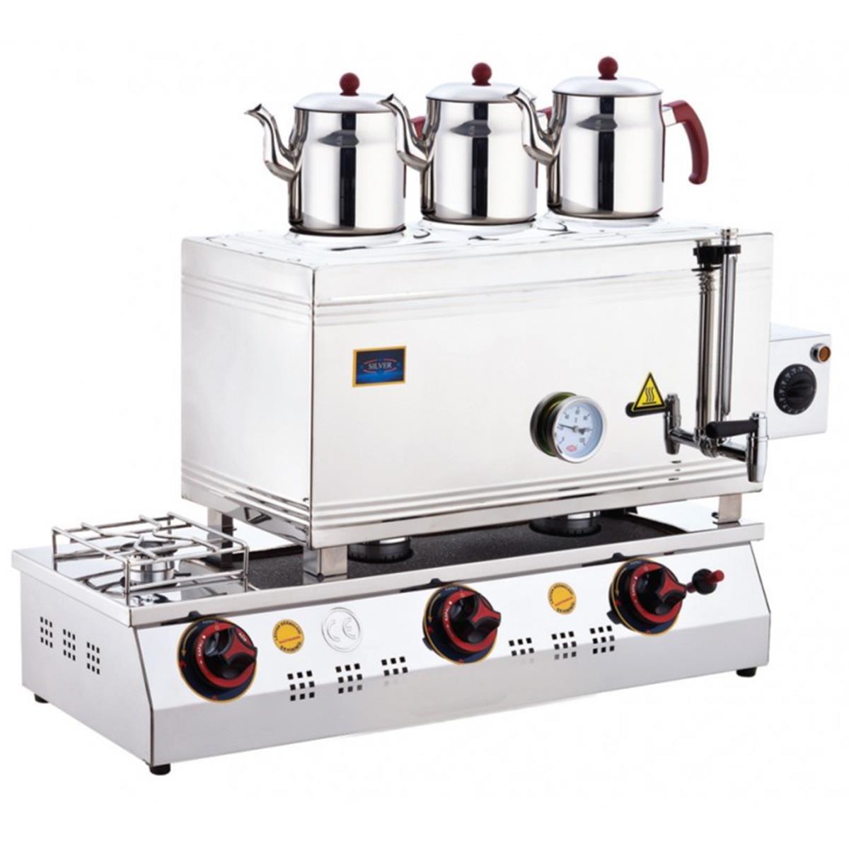 SilverInox 2102-D 85 Model 4 Demlikli Çift Taban Kaynaklı Elektrikli ve Doğalgazlı Çay Ocağı