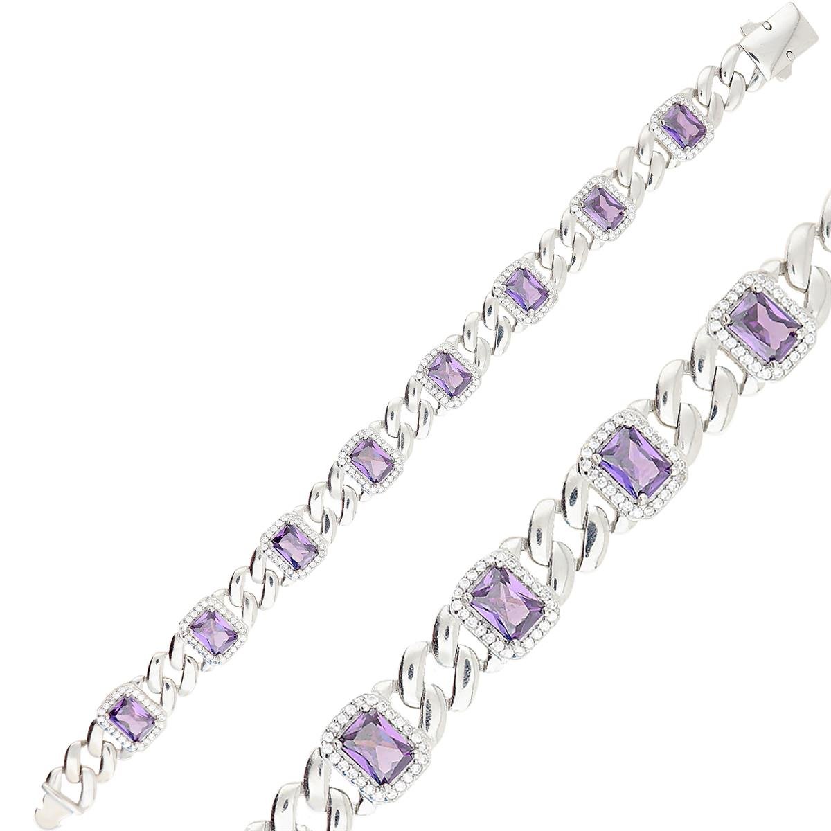 925 Ayar Gümüş Ametist Taşlı Kare Desen Bileklik
