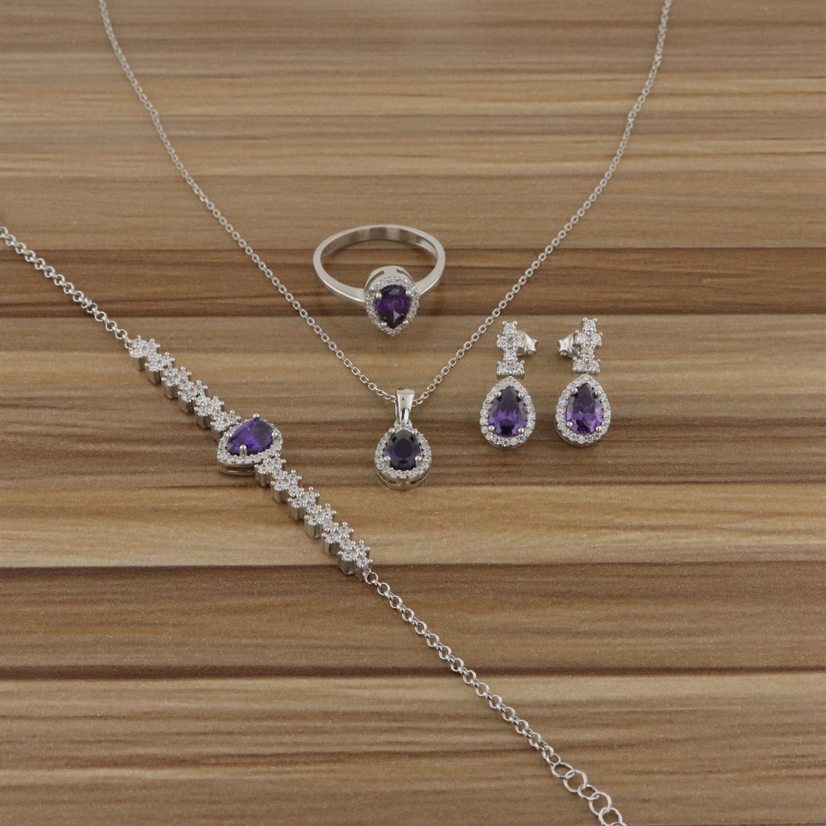 925 Ayar Gümüş Ametist Taşlı Zarif Damla Set