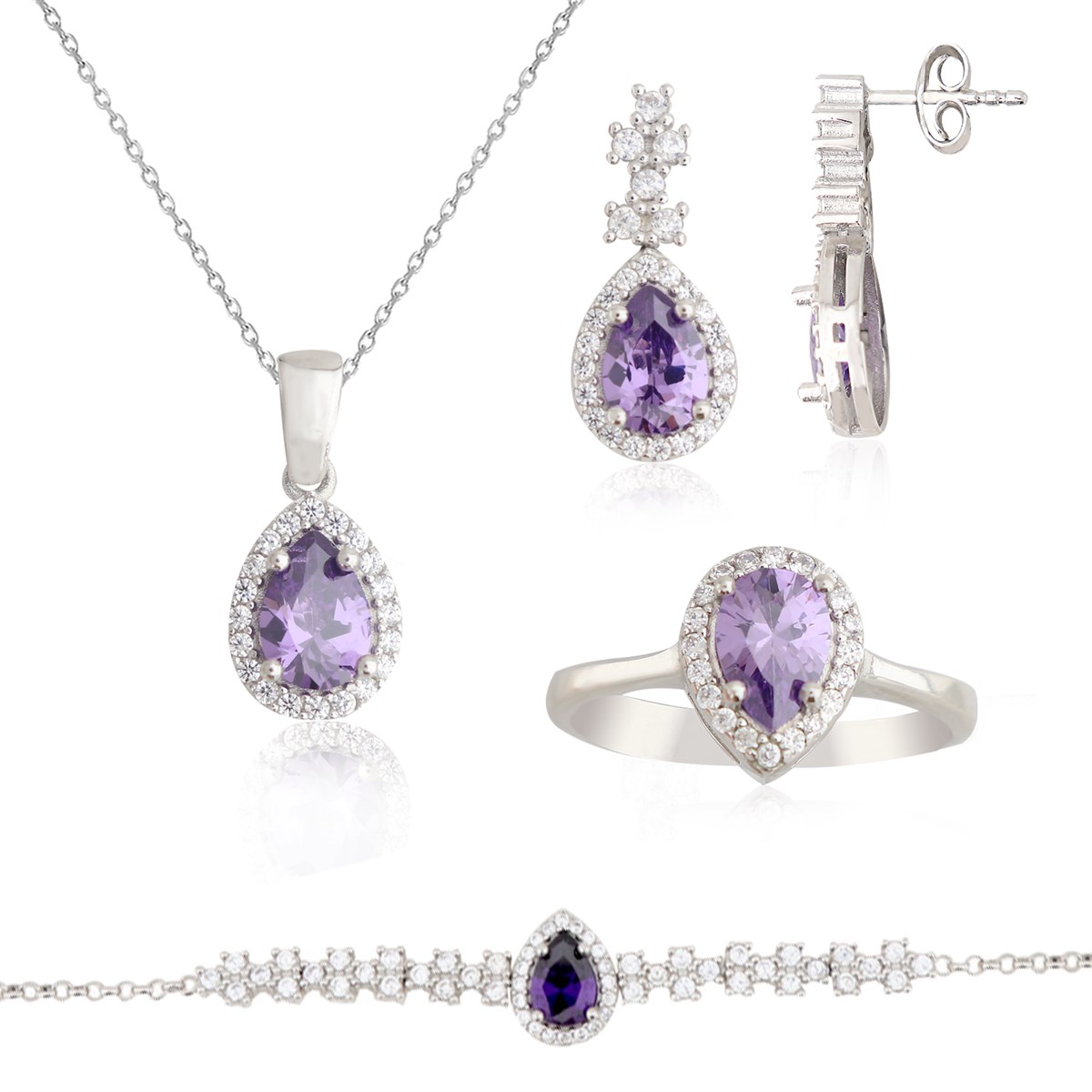 925 Ayar Gümüş Ametist Taşlı Zarif Damla Set
