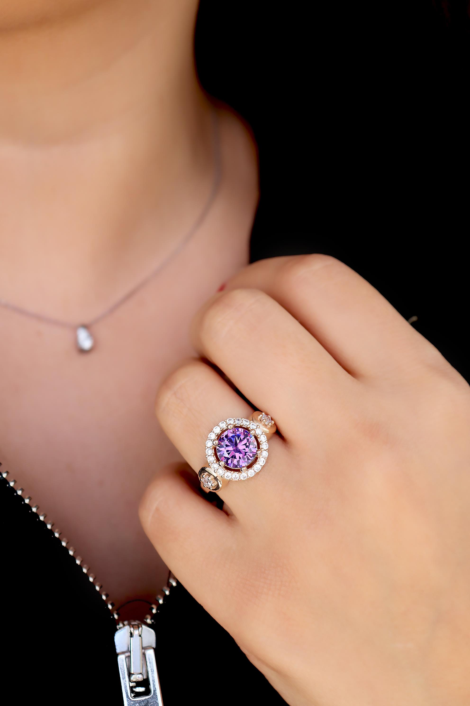 925 Ayar Gümüş Ametist Yuvarlak Taşlı Otantik Yüzük