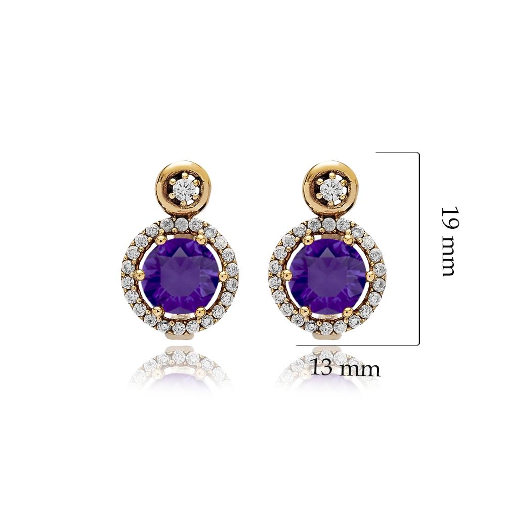 925 Ayar Gümüş Ametist Yuvarlak Taşlı Otantik Küpe