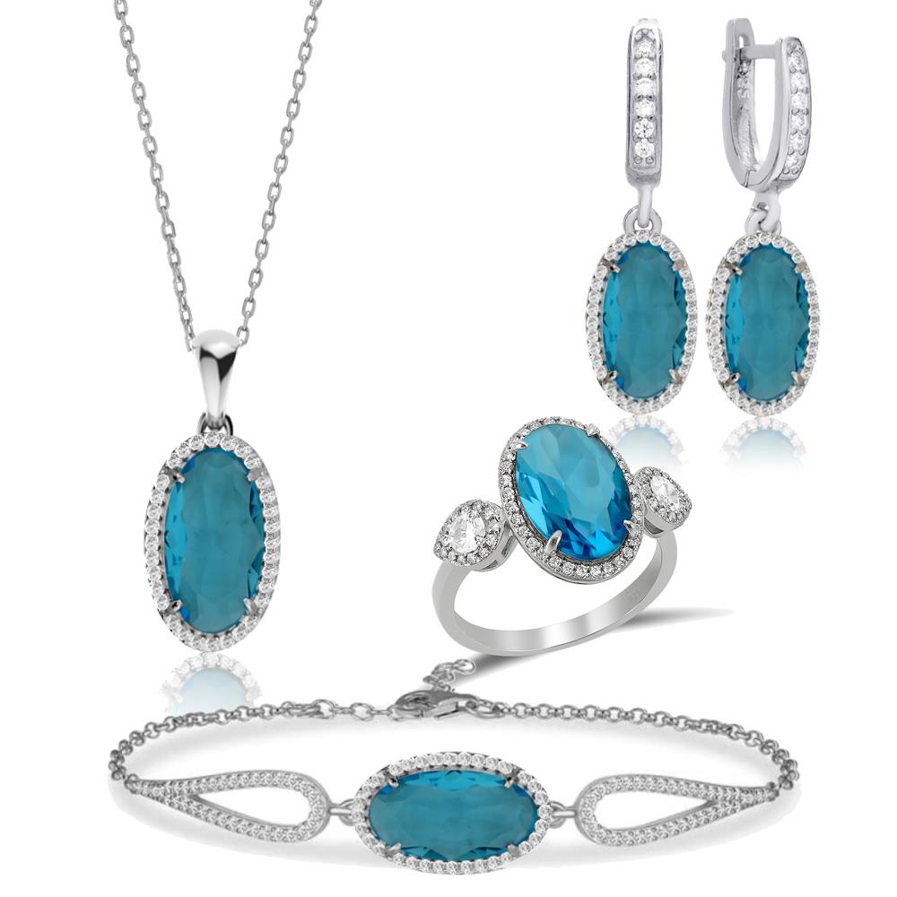 925 Ayar Gümüş Aqua Oval Taşlı Takı Seti