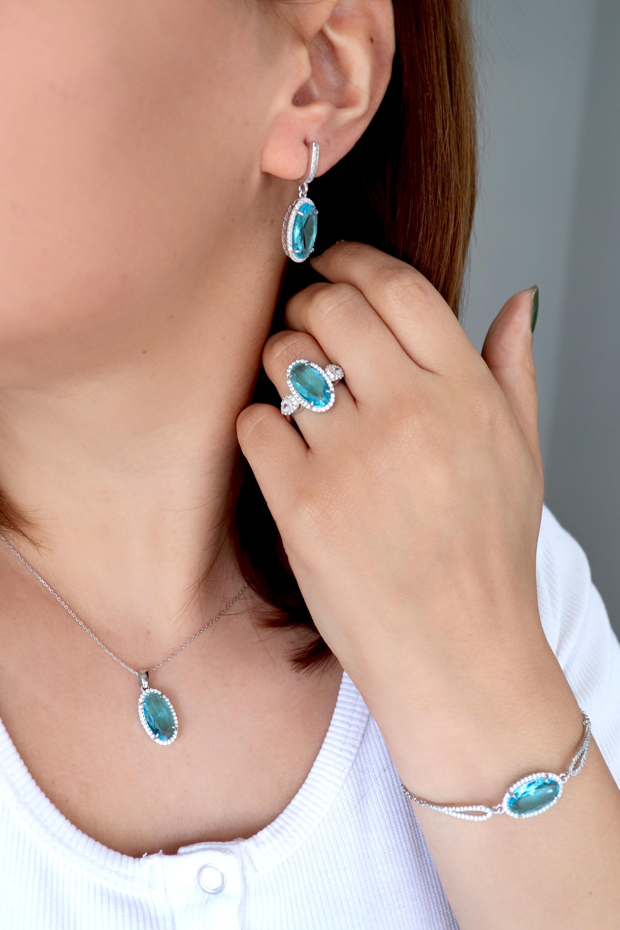 925 Ayar Gümüş Aqua Oval Taşlı Takı Seti