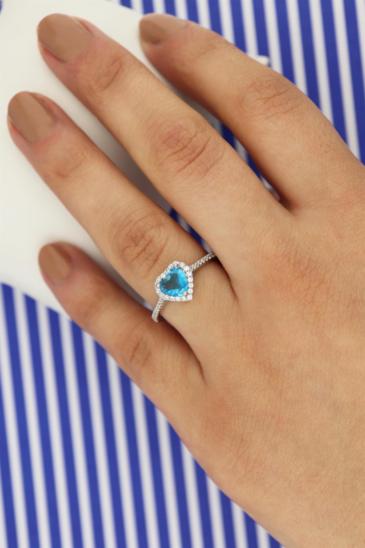 925 Ayar Gümüş Aqua Swarovski Kalp Yüzük