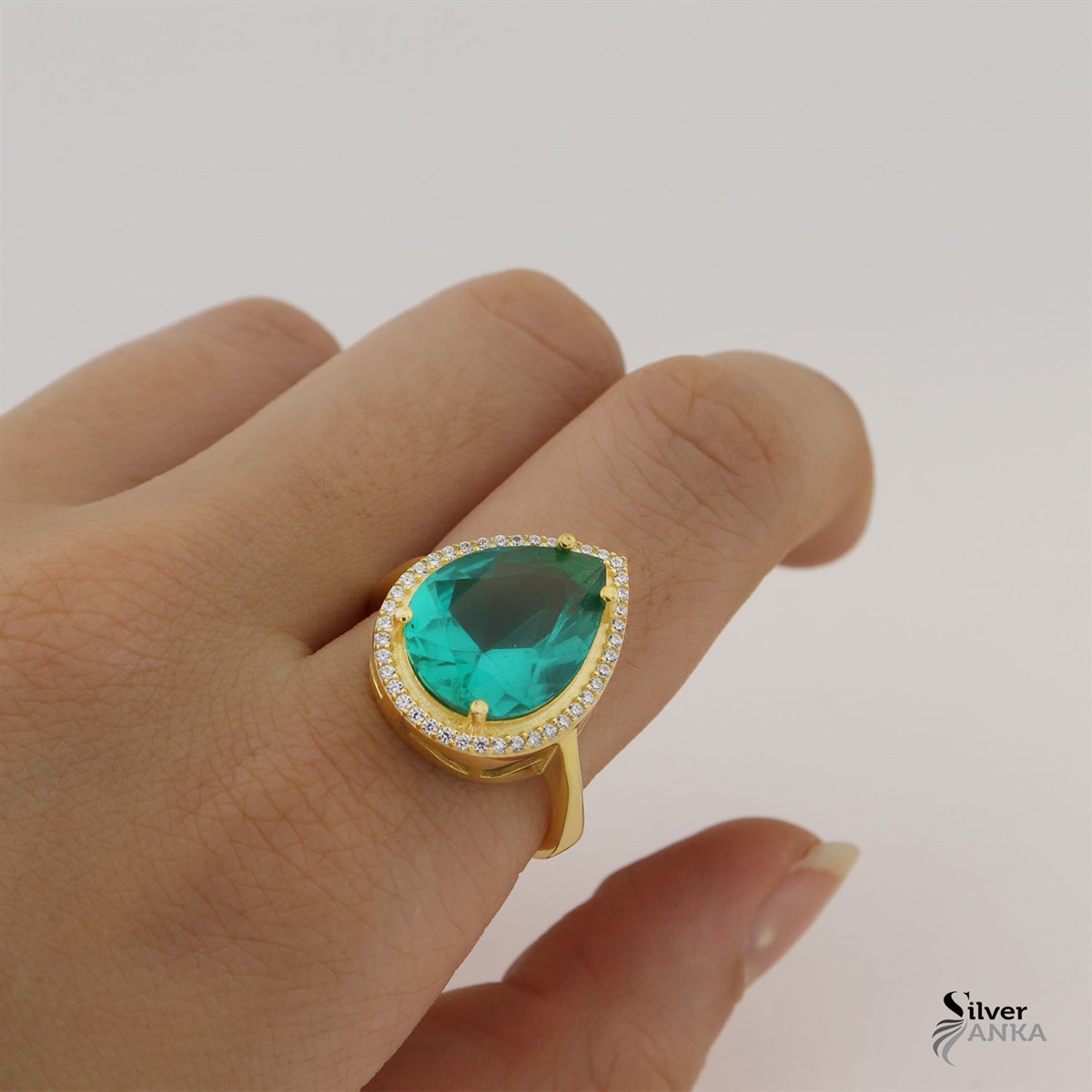925 Ayar Gümüş Aqua Taşlı Damla Gold Yüzük