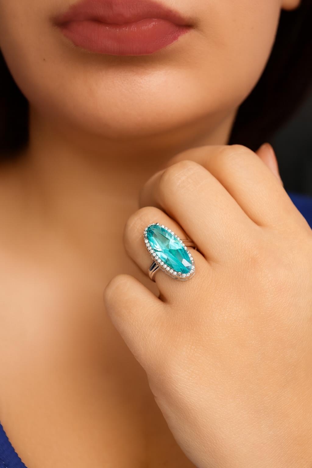 925 Ayar Gümüş Aquamarin Oval Taşlı Yüzük