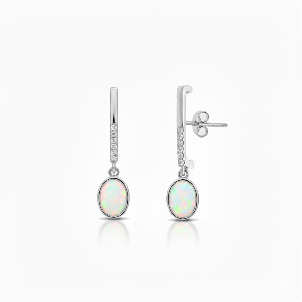 925 Ayar Gümüş Beyaz Opal Oval Taşlı Küpe