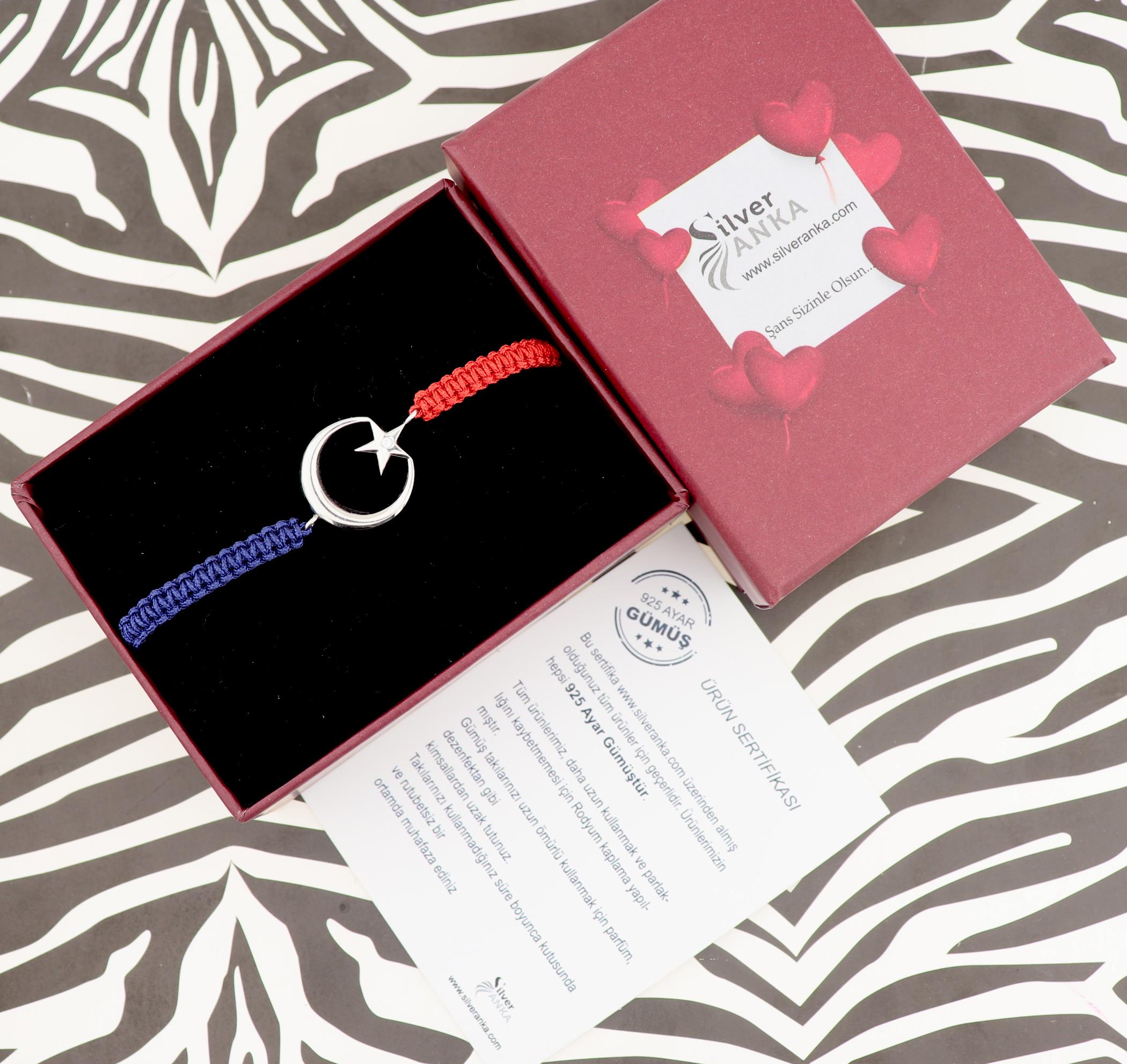 925 Ayar Gümüş Bordo Mavi Ay Yıldız Taraftar Bileklik