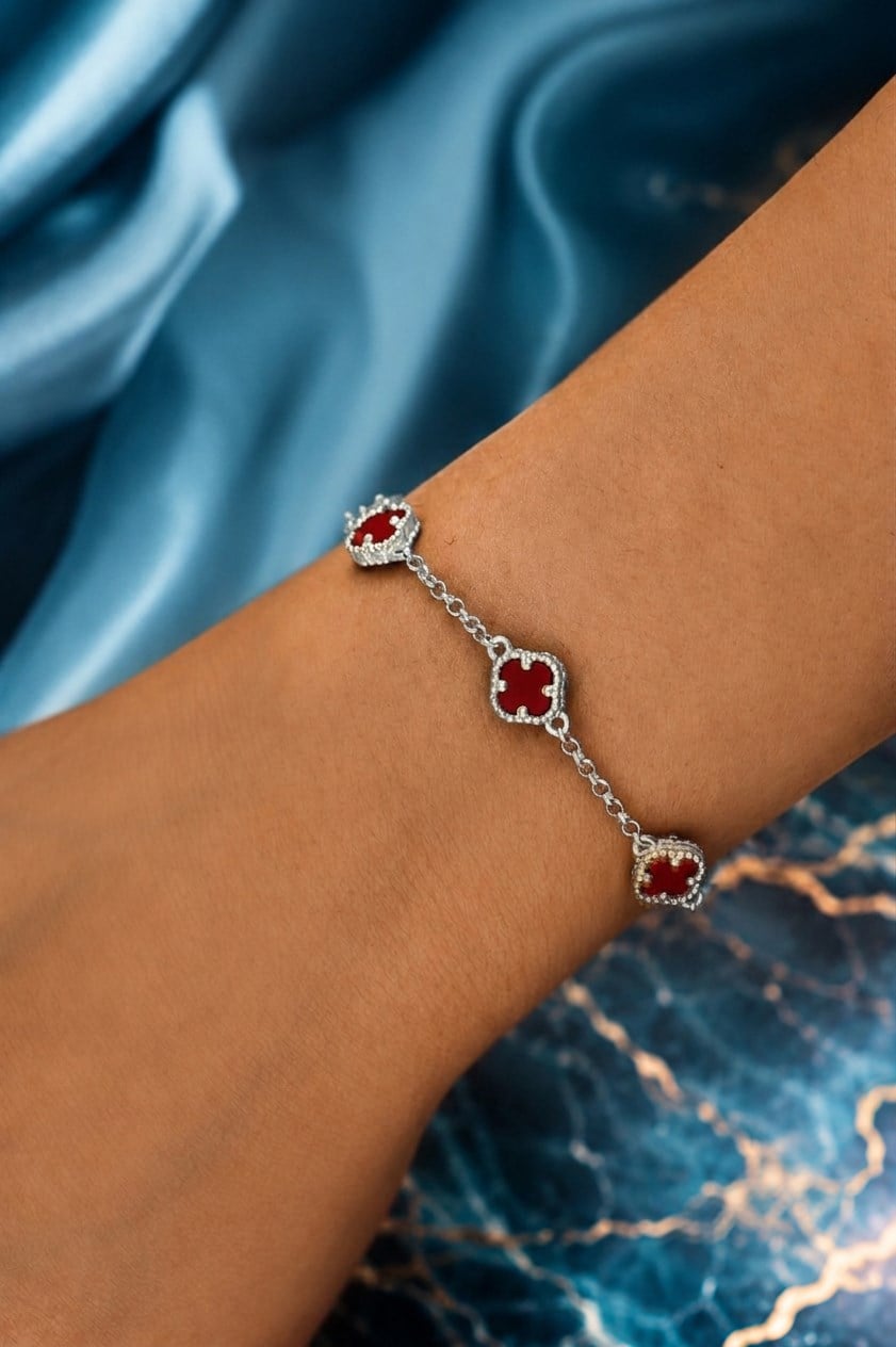925 Ayar Gümüş Bordo Taşlı Yonca Bileklik