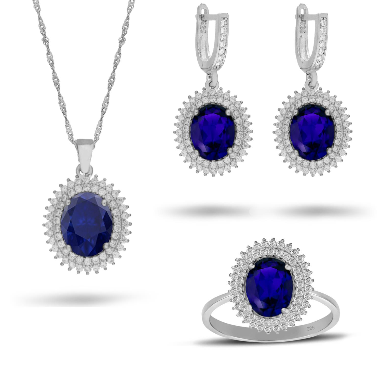 925 Ayar Gümüş Çift Sıra Kristal Safir Taşlı Oval Takı Seti