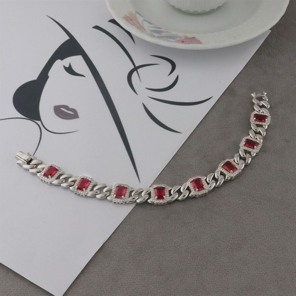 925 Ayar Gümüş Kare Desen Kırmız Biileklik