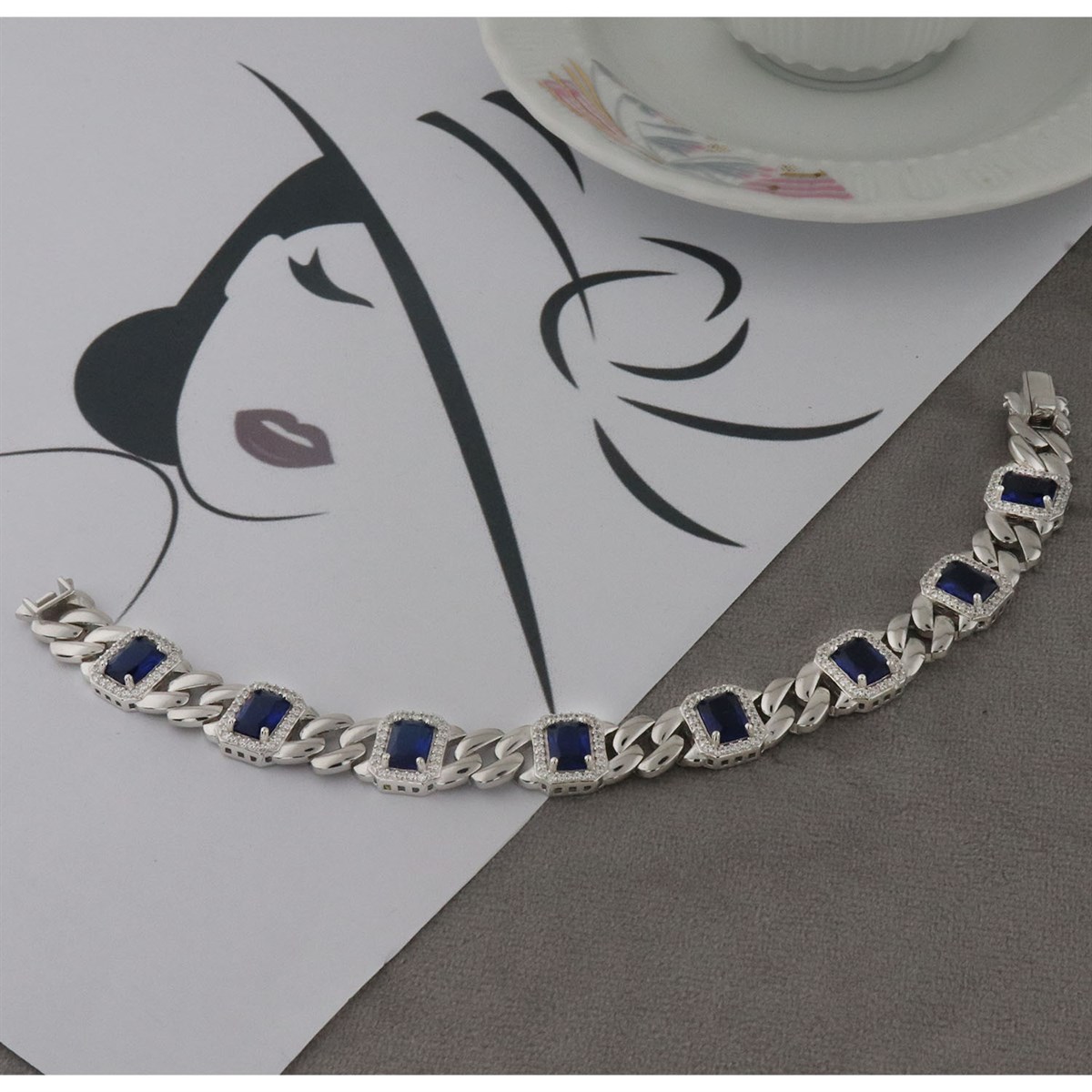 925 Ayar Gümüş Kare Desen Safir Bileklik