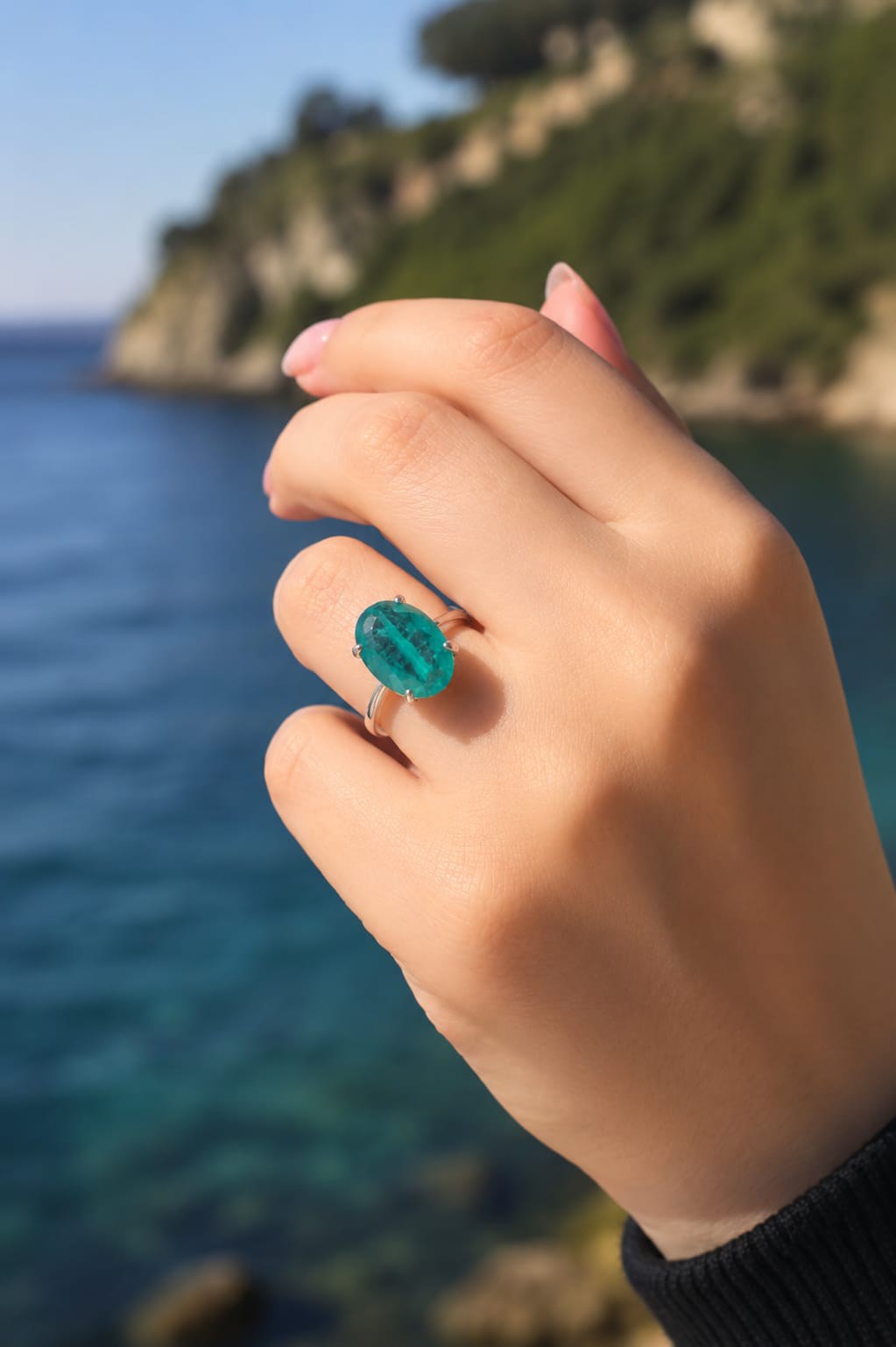 925 Ayar Gümüş Doğal Paraiba Taşlı Oval Yüzük