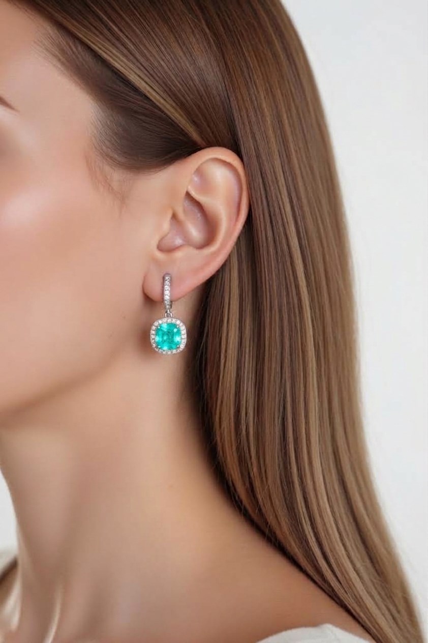 925 Ayar Gümüş Doğal Paraiba Taşlı Pırlanta Montür Küpe