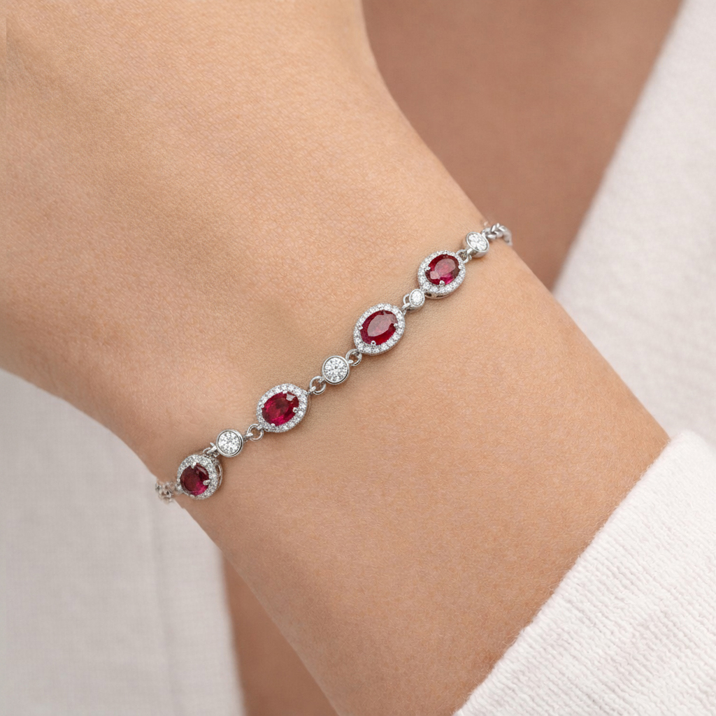 925 Ayar Gümüş Elegance Kırmızı Oval Detaylı Bileklik
