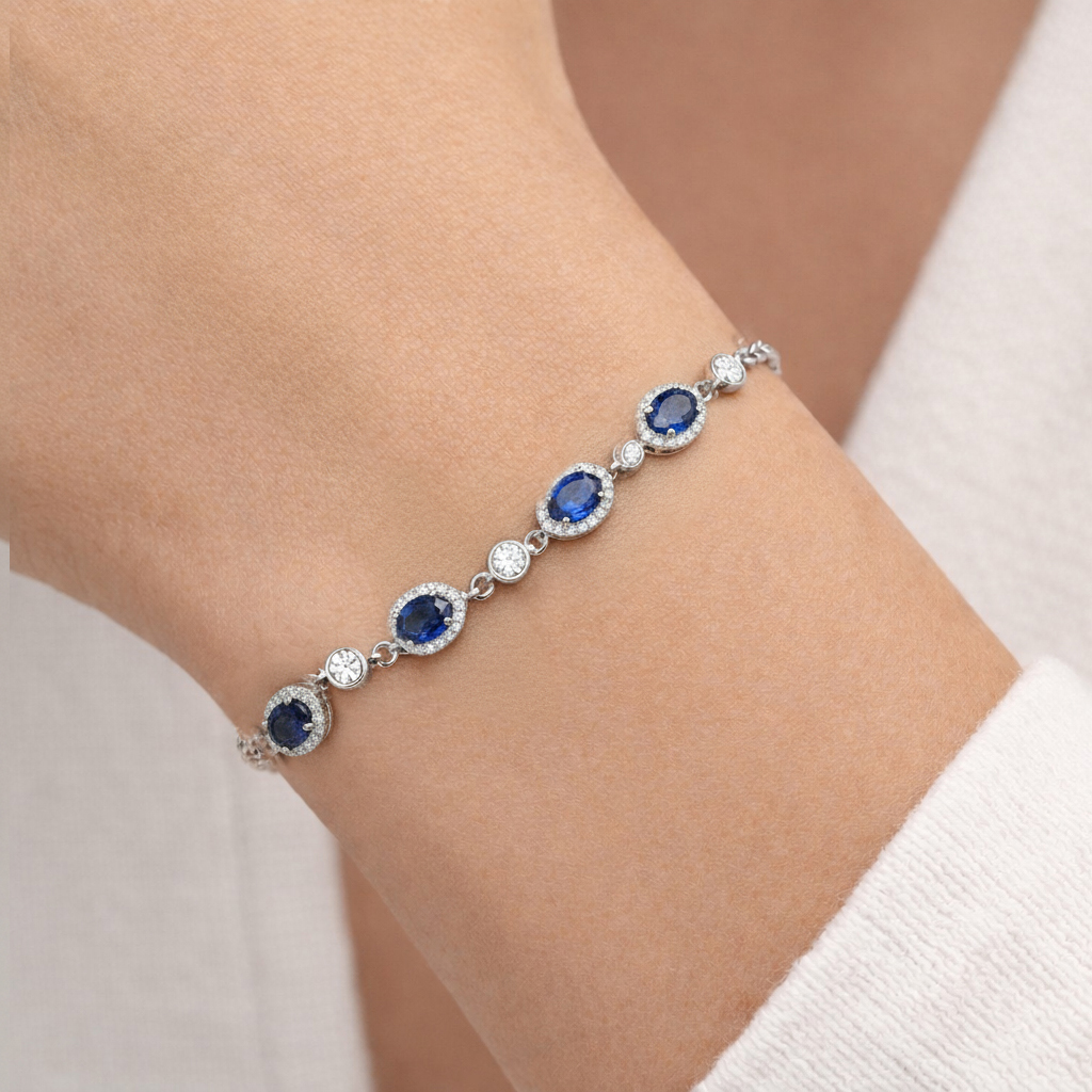 925 Ayar Gümüş Elegance Mavi Oval Detaylı Bileklik