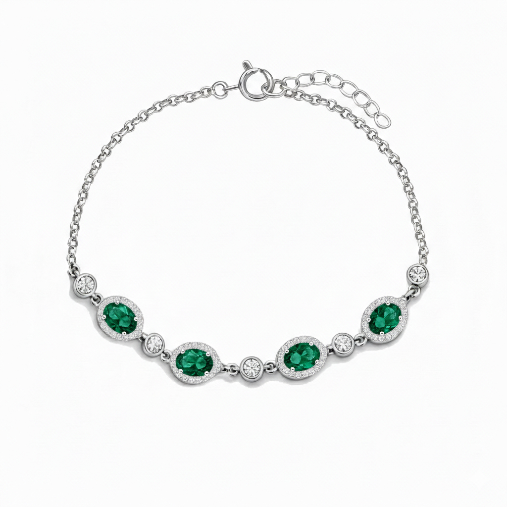 925 Ayar Gümüş Elegance Zümrüt Yeşili Oval Detaylı Bileklik