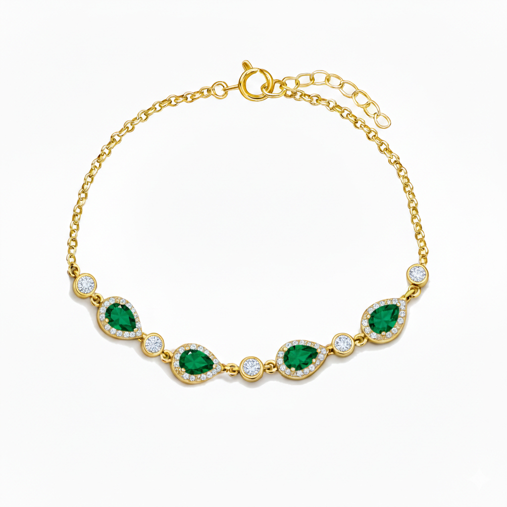 925 Ayar Gümüş Elegance Zümrüt Yeşili Damla Detaylı Bileklik