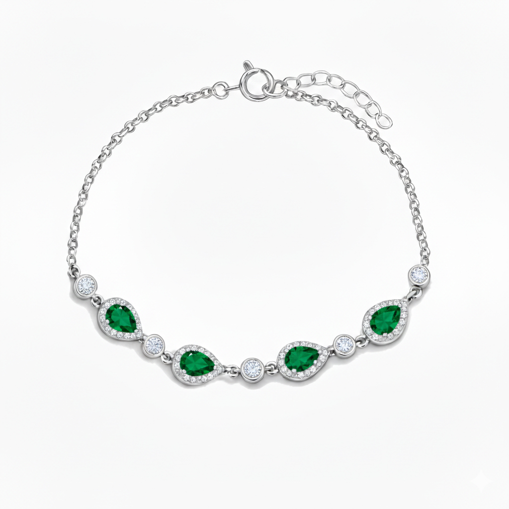 925 Ayar Gümüş Elegance Zümrüt Yeşili Damla Detaylı Bileklik