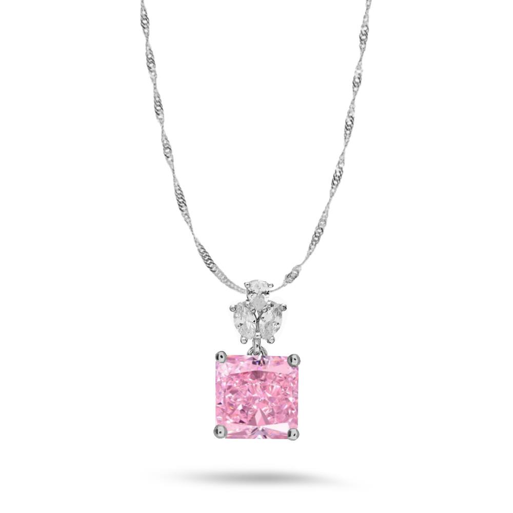 925 Ayar Gümüş Elmas Kesim Pembe Taşlı Kolye