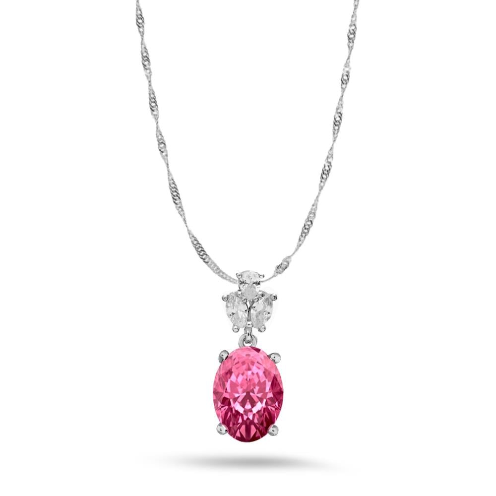925 Ayar Gümüş Elmas Oval Kesim Pembe Taşlı Kolye