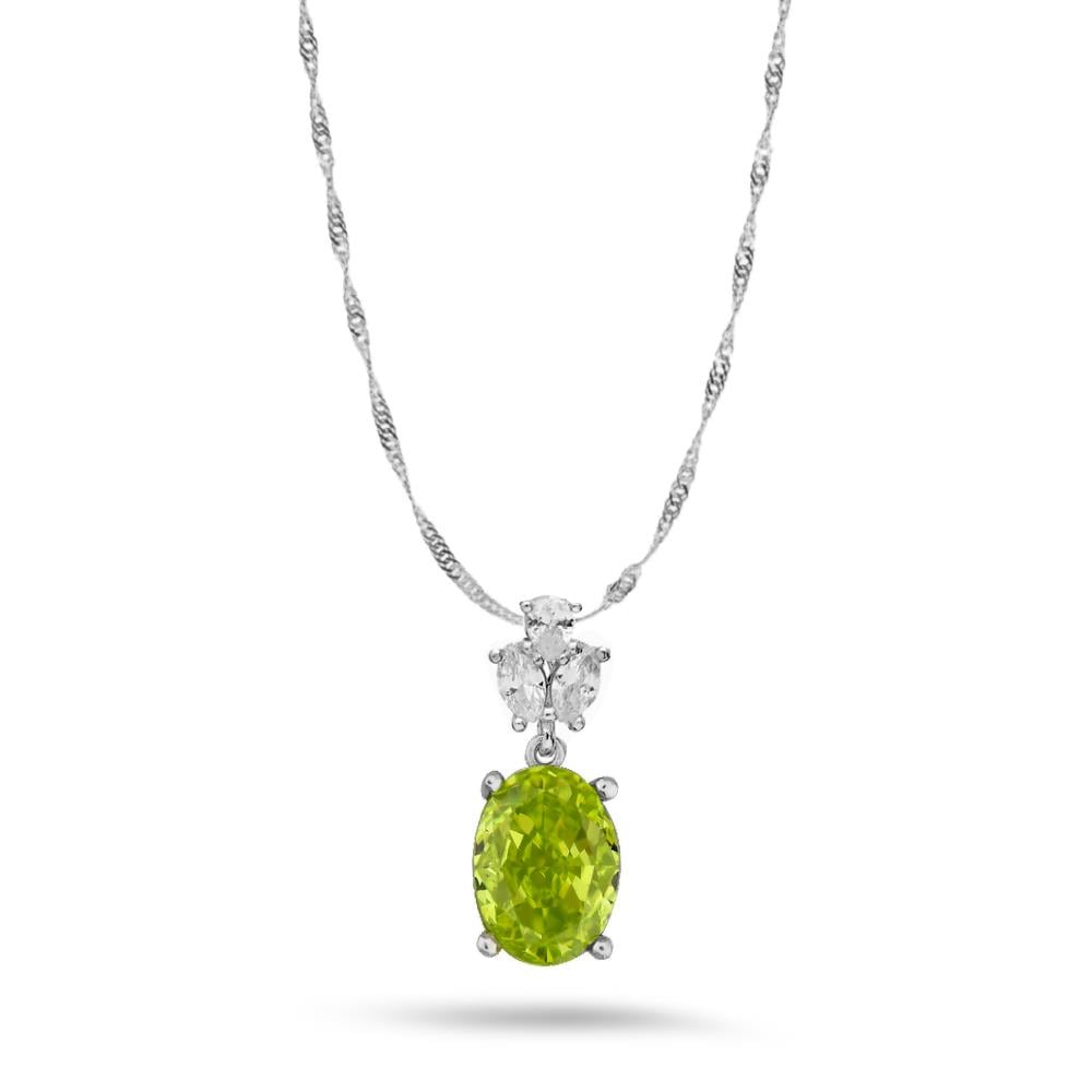 925 Ayar Gümüş Elmas Oval Kesim Peridot Taşlı Kolye