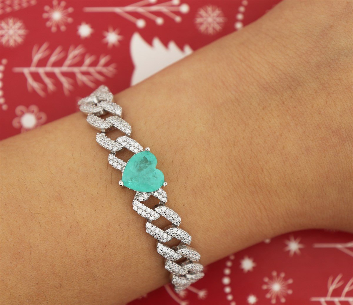 925 Ayar Gümüş Gurmet Zincir Paraiba Kalp Detay Rodyumlu Gümüş Bileklik