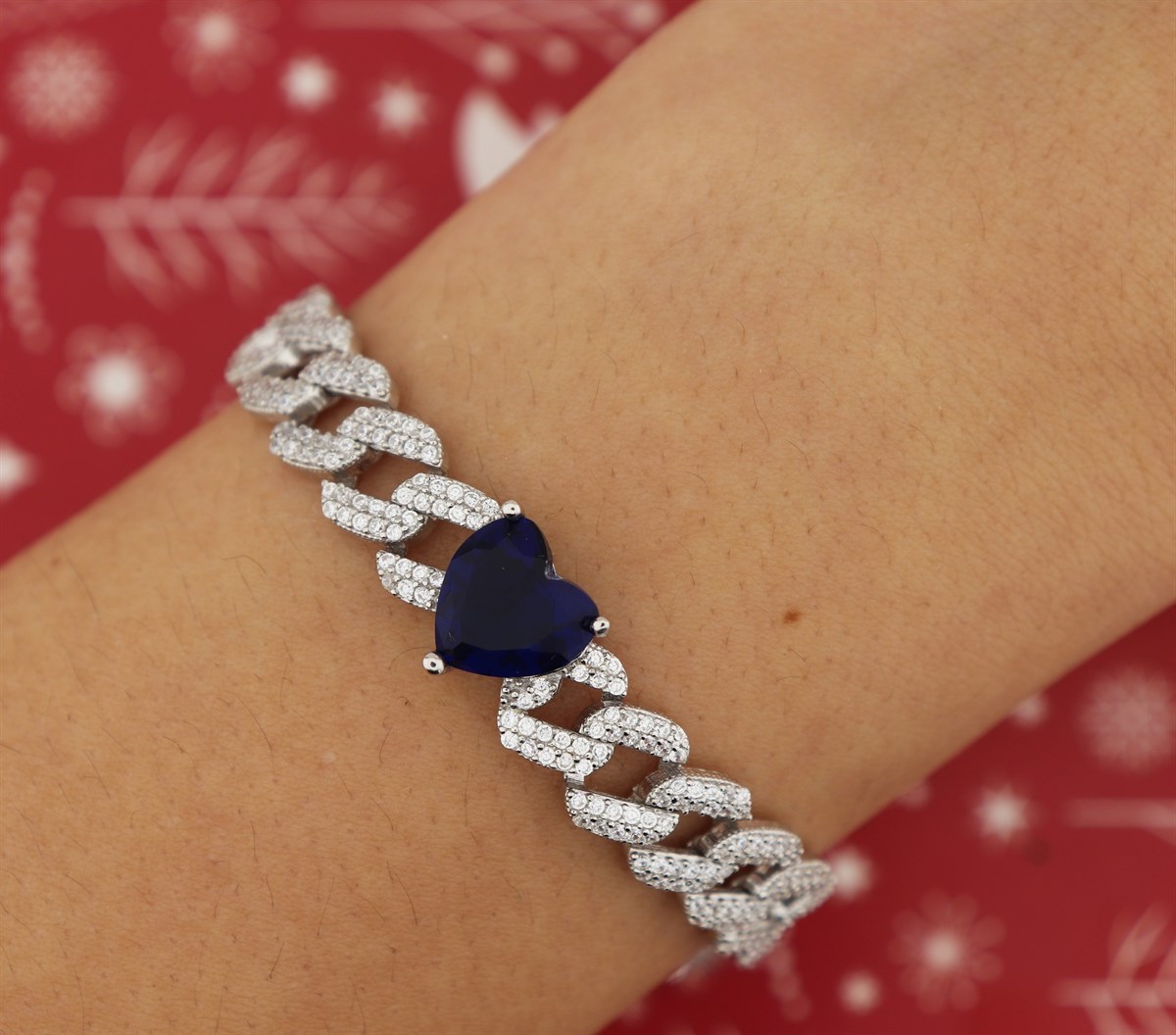 925 Ayar Gümüş Gurmet Zincir Safir Kalp Detay Rodyumlu Gümüş Bileklik