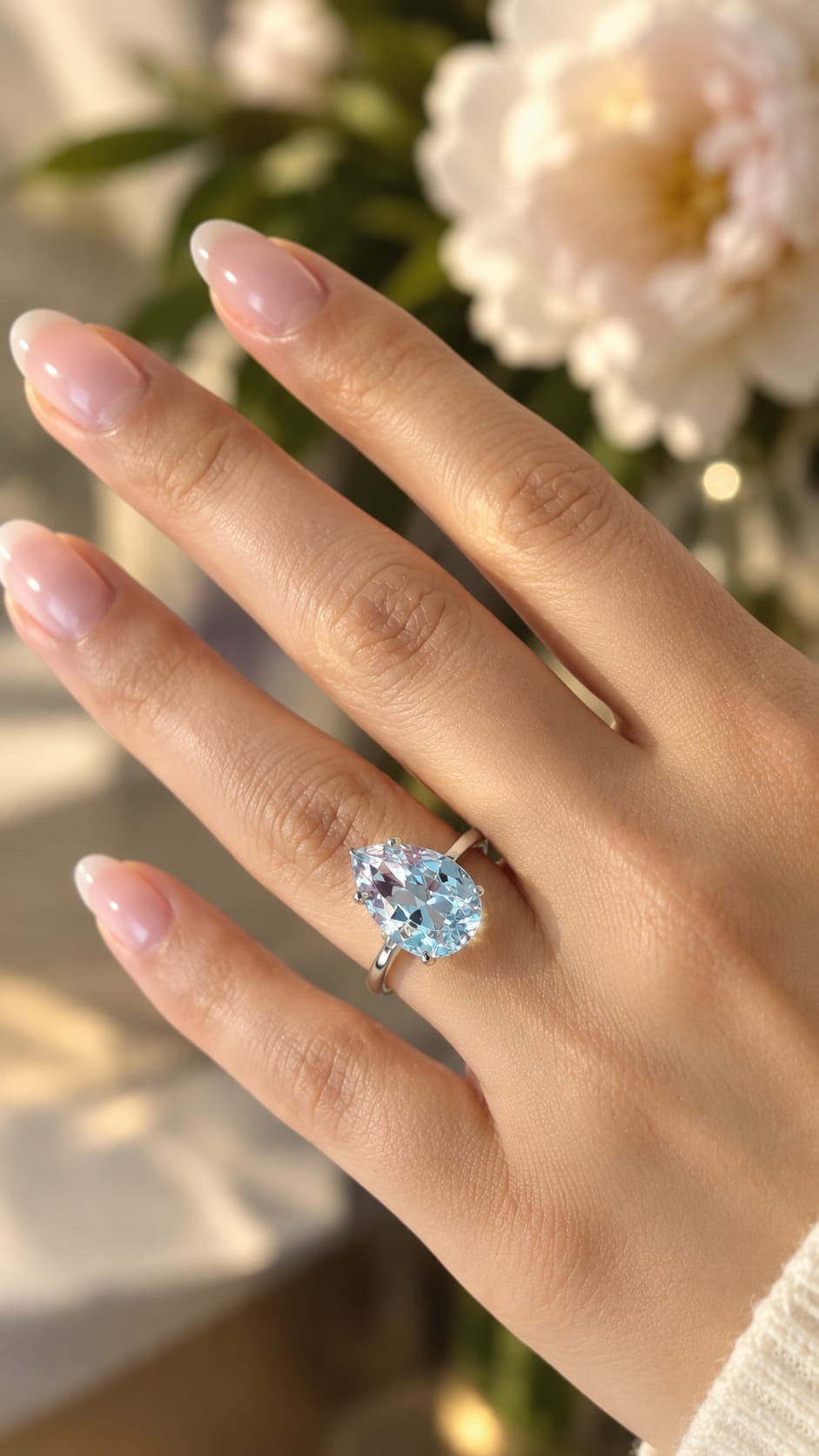 925 Ayar Gümüş Işıltılı Damla Kesim (Ice Cut) Aqua Taşlı Yüzük
