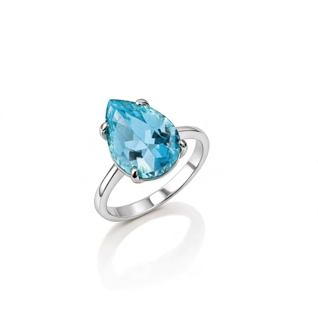 925 Ayar Gümüş Işıltılı Damla Kesim (Ice Cut) Aqua Taşlı Yüzük
