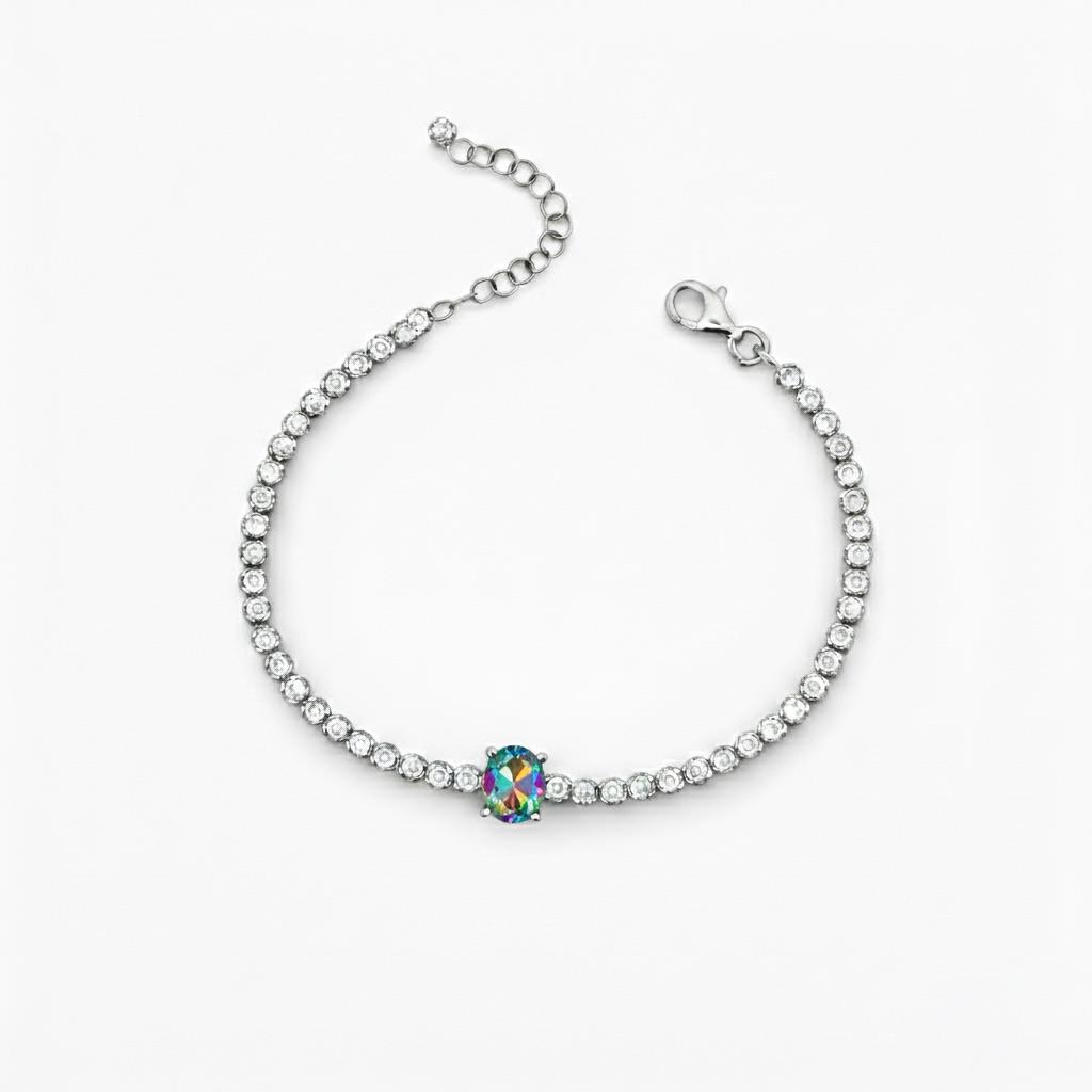 925 Ayar Gümüş Işıltılı Mistik Topaz Oval Taşlı Tenis Bileklik